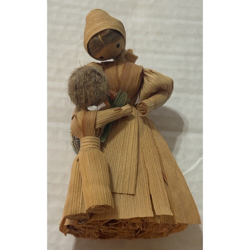 Vintage Czechoslovakia Corn Husk Doll Mother & Child Handmade Folk Art